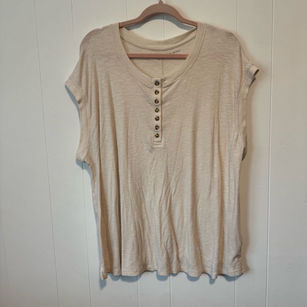 LANE BRYANT Cream Button V-Neck Tee